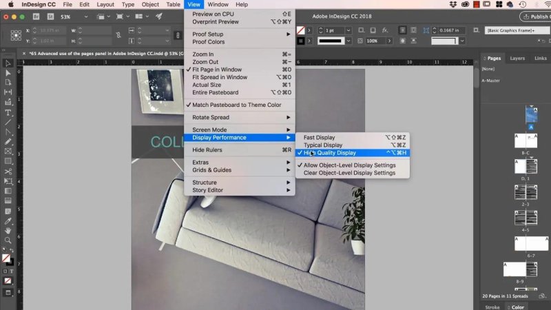 Adobe InDesign View menu dropdown open to Display Performance with High Quality Display selected.