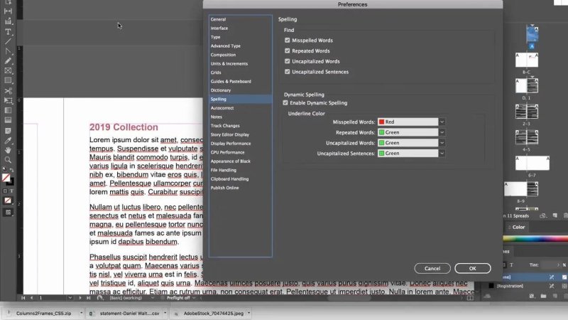 Adobe InDesign Preferences window open to Spelling options with Enable Dynamic Spelling enabled.