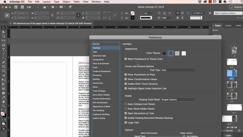 Adobe InDesign Preferences window open to Interface options showing color theme, cursor, and panel settings.