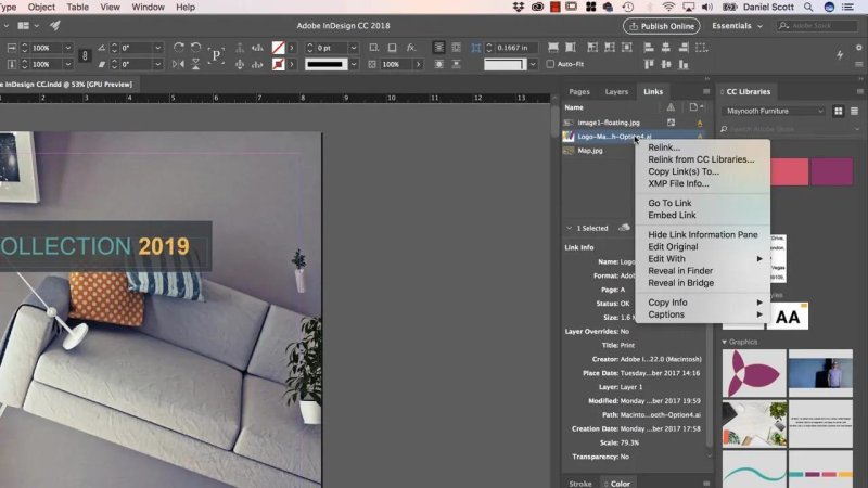 Adobe InDesign Links panel displaying a contextual right-click menu over an imported vector graphic asset.