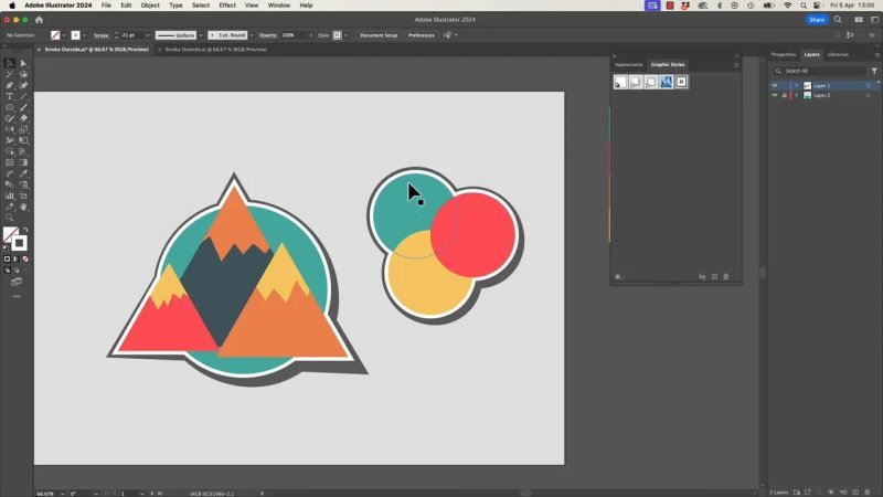 The final Adobe Illustrator layout showcasing both the mountain emblem and overlapping circle graphics with thick die-cut sticker borders and offset shadows, with the Graphic Styles panel open to save the asset.