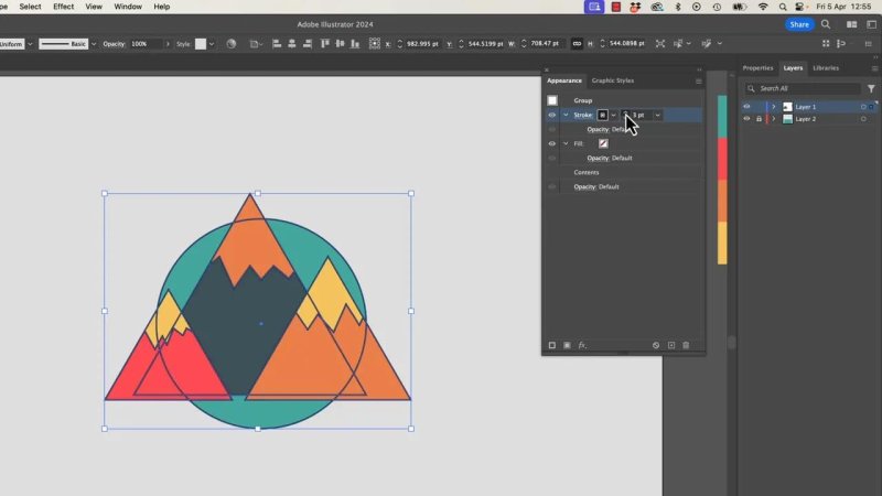 Adobe Illustrator 2024 workspace with a grouped vector mountain badge selected, showing the Appearance panel open to configure strokes and fills at the group level.