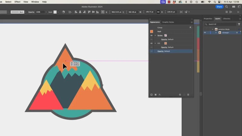 Adobe Illustrator interface in Isolation Mode, demonstrating how a single mountain shape within a styled group can be moved and edited independently.