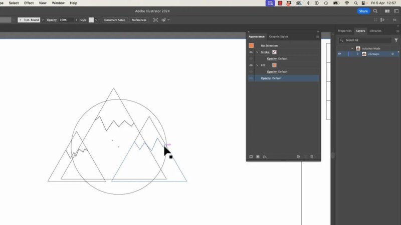 An isolated wireframe view of the mountain emblem vector paths in Adobe Illustrator, showcasing the clean layout lines before compound strokes are rendered.