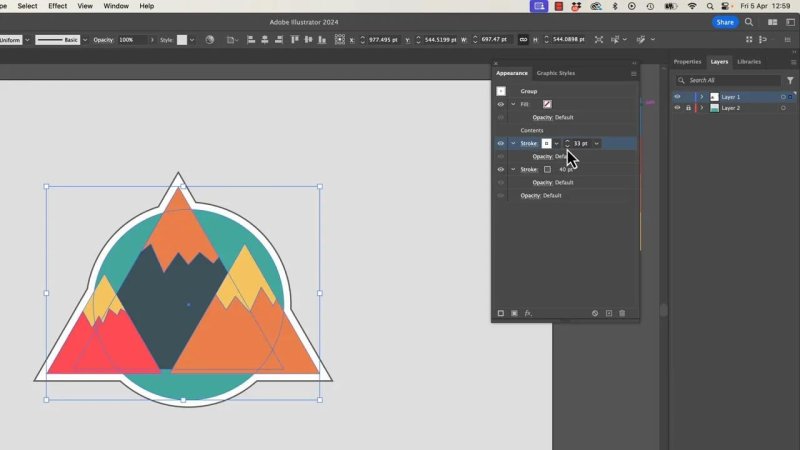 The Appearance panel in Adobe Illustrator demonstrating stacked strokes at the group level, with a 33-point white stroke placed beneath the main artwork to form a solid outer outline.