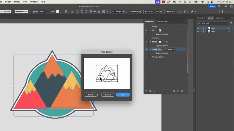The Free Distort effect dialog box open over a vector badge layout in Adobe Illustrator, showing a bounding box handle being adjusted to manually offset a background shadow layer.