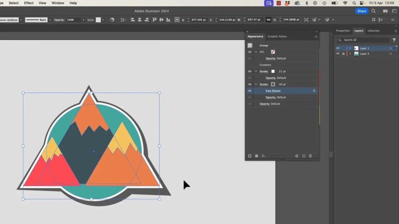 Adobe Illustrator artboard displaying the mountain badge with a live Free Distort effect applied, successfully shifting a dark gray bottom stroke to form a dimensional drop shadow.