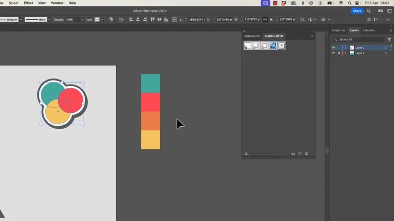 Adobe Illustrator 2024 workspace showing a group of overlapping colorful circles next to a flat canvas color strip, preparing to replicate the complex sticker stroke style.