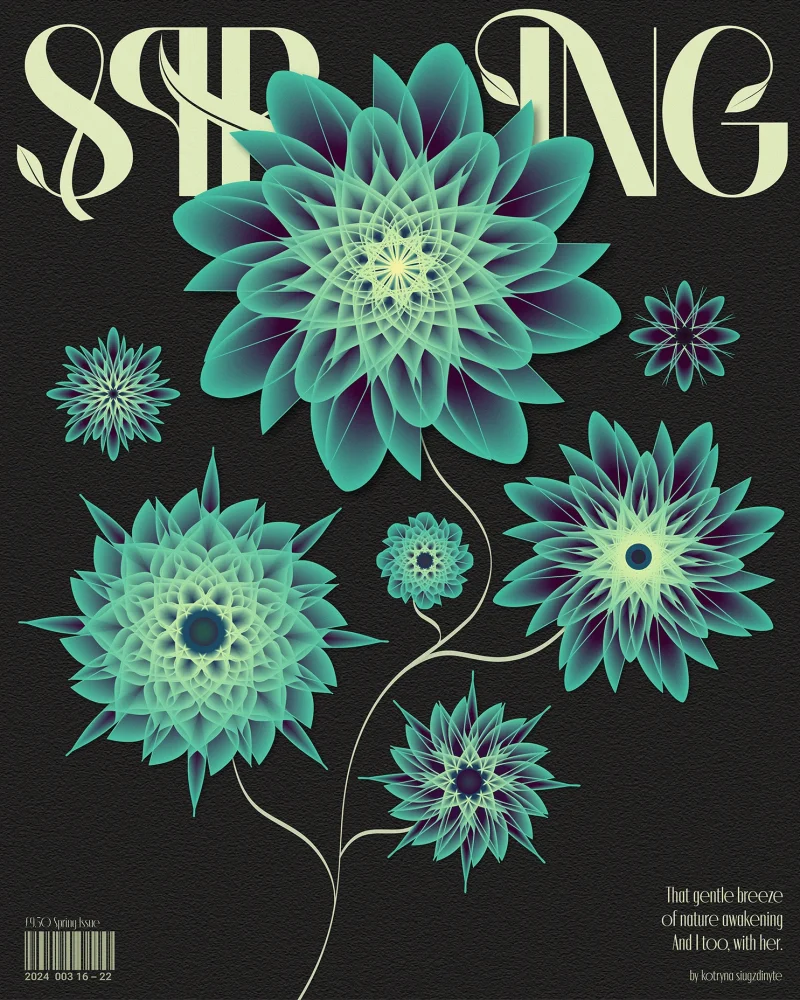 A magazine cover with blue flowers on a black background and the text overlay Spring