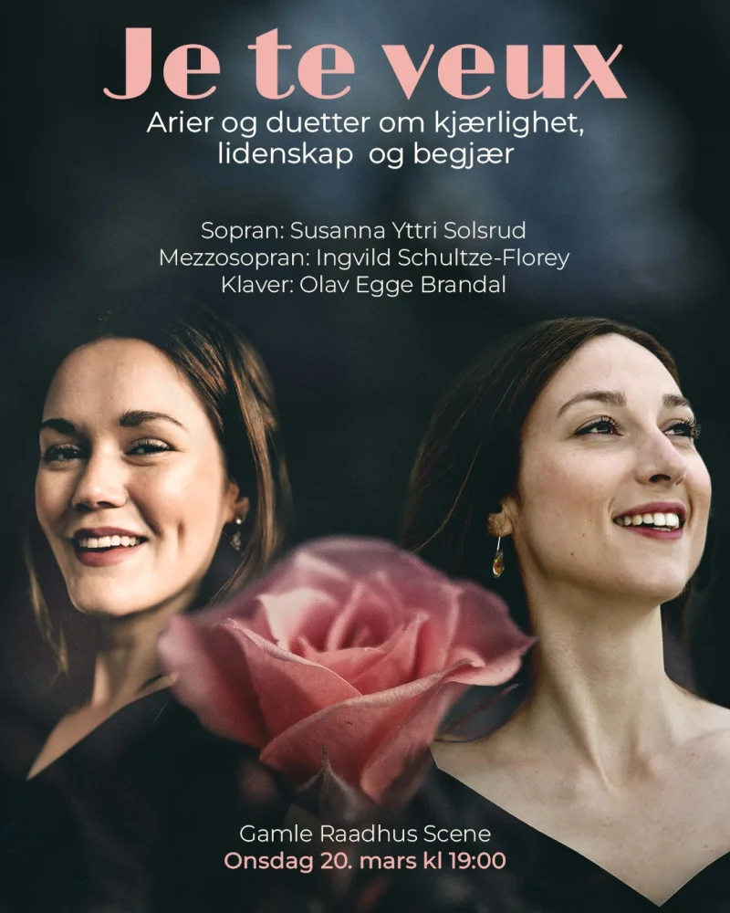 Two blonde women against a black background smile at the camera. The text overlay is in Norwegian
