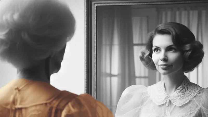 An older woman looks in the mirror and sees a younger version of herself reflected back.