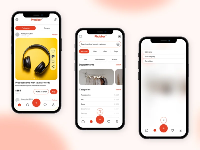 3 screenshots of phubber app created using Figma