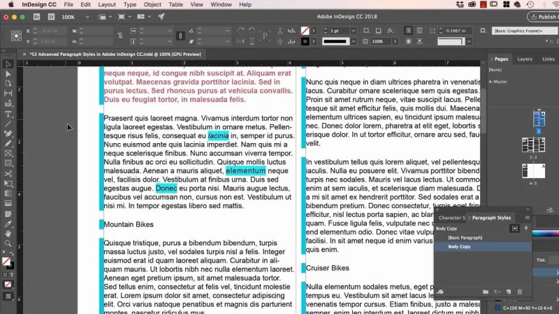 InDesign layout displaying two columns of Latin placeholder text with multiple cyan selections and the Paragraph Styles panel highlighting the 