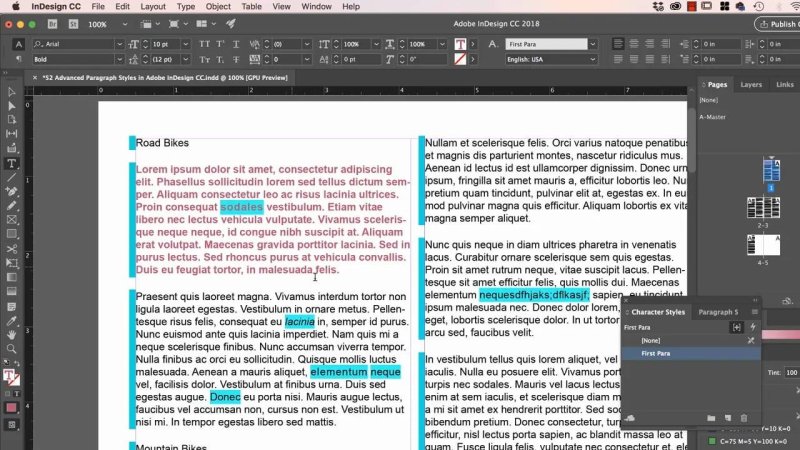 InDesign workspace showing the character formatting controls, with a red text paragraph selected under the heading 