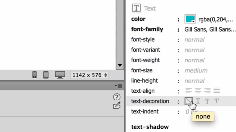 Close-up of the Adobe Dreamweaver CSS Designer panel under the Text category, highlighting the text-decoration property set to none with font styling and teal color properties above it.
