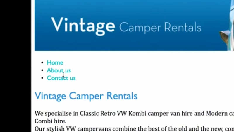 Webpage layout preview displaying an unordered list of navigation links—Home, About us, and Contact us—rendered in light teal without underlines beneath a blue header banner.