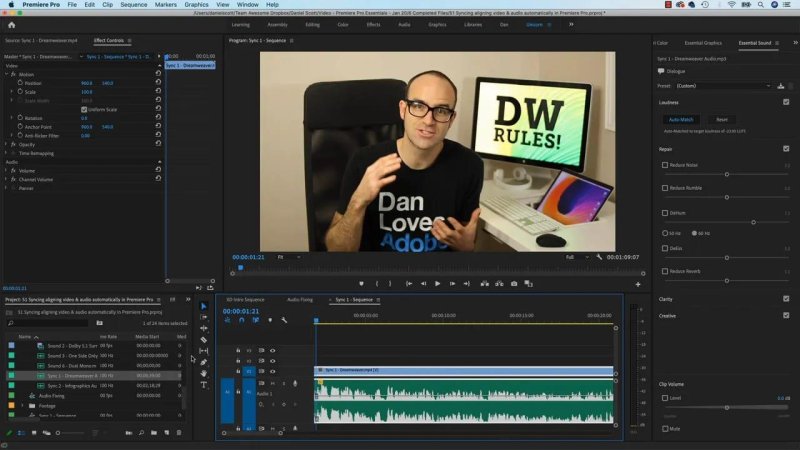 Premiere Pro timeline showing video and high-quality external audio tracks perfectly aligned after synchronization, alongside the Essential Sound panel.