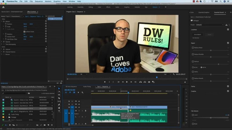 Premiere Pro workspace showing the trimmed camera audio track being removed from the timeline after successfully matching with the master audio clip.