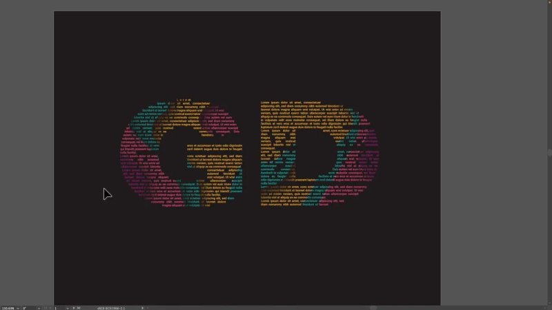 Adobe Illustrator interface showing side-by-side results of paragraphs perfectly molded into letter outlines against a dark charcoal workspace background.