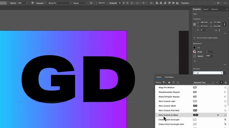 Adobe Illustrator 2024 workspace demonstrating the selection of an ultra-bold sans-serif font, Aktiv Grotesk Ex Black, for a large scale initials layout.