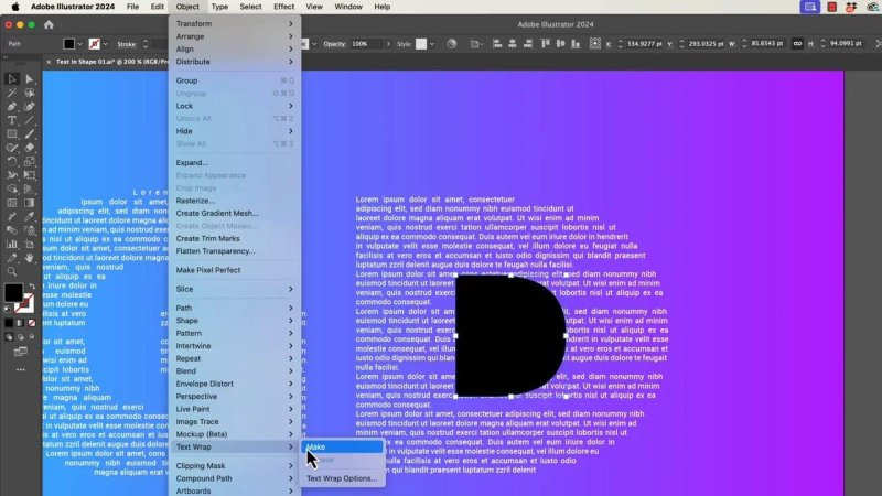 Adobe Illustrator Object menu dropdown navigating through Envelope Distort to select Make with Top Object, reshaping paragraph text into a custom letter silhouette.