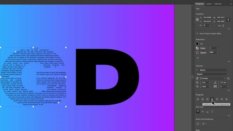 Adobe Illustrator Properties panel highlighting paragraph justification settings, configured over a finely scaled blocks of Lorem Ipsum body text.