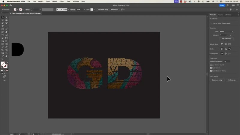 The finalized text-inside-text typographical layout in Adobe Illustrator 2024, displaying multicolored paragraphs perfectly warped into large letterform silhouettes over a dark canvas container.
