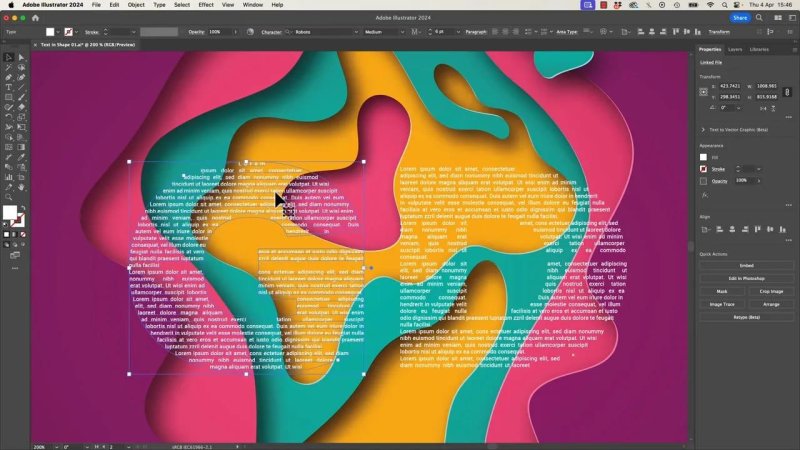 The distorted typography block layered over a colorful fluid vector gradient pattern backdrop in Adobe Illustrator, demonstrating how text wrapping aligns with custom path bounds.