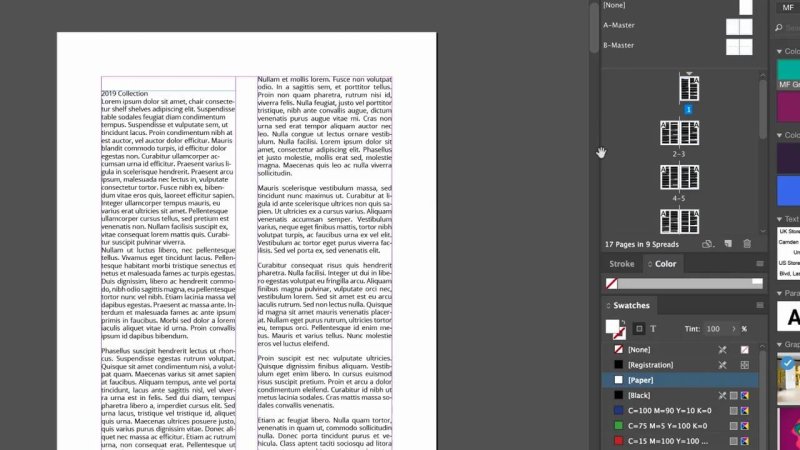 Adobe InDesign document spread showing threaded, multi-column text frames next to the Pages panel displaying a 17-page document layout.