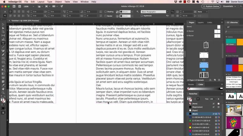 Adobe InDesign document spread zoomed in on threaded text frames across multiple pages with the cursor placed in a text column.