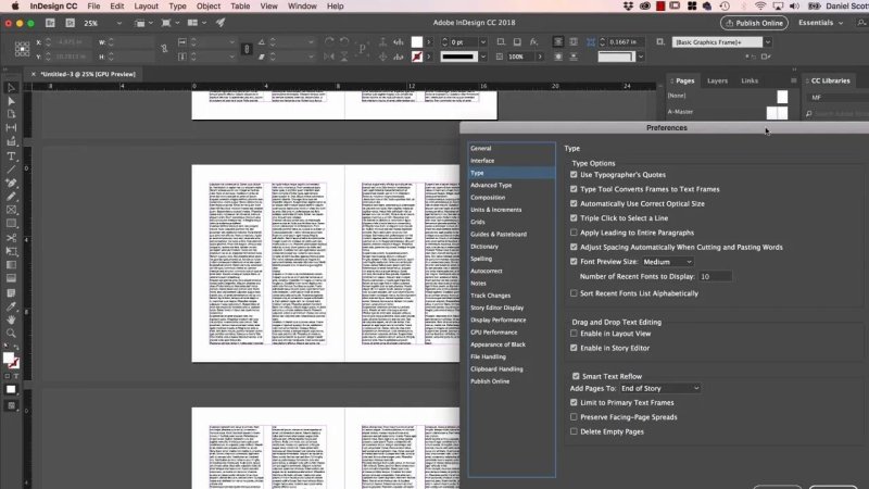 Adobe InDesign Preferences window open to the Type settings tab, showing Smart Text Reflow and typography options over a multi-page document view.