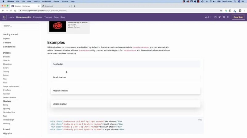 Bootstrap documentation page in Google Chrome showcasing box-shadow utility class examples, including no shadow, small shadow, regular shadow, and larger shadow variations.