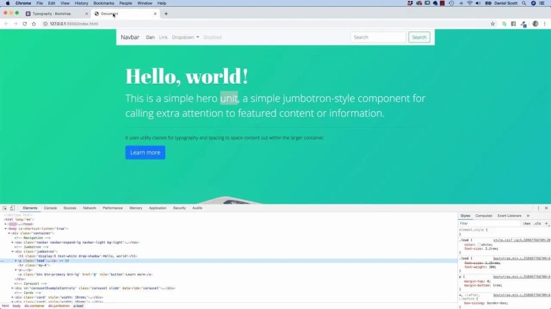 Chrome DevTools open beneath a teal test webpage, inspecting a Bootstrap jumbotron hero component displaying the heading 