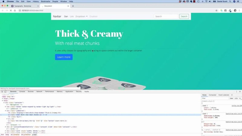 Browser window with Chrome DevTools inspecting the DOM and CSS rules of the 