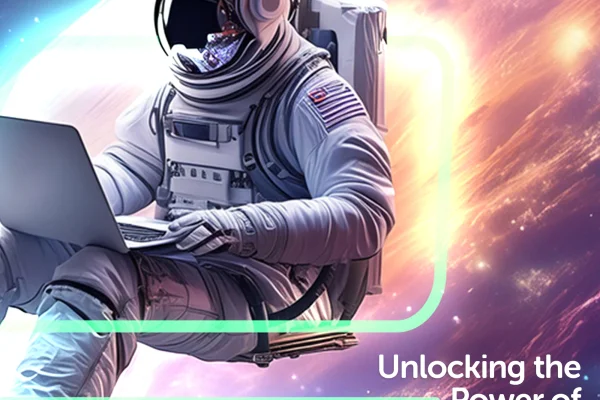 an astronaut is in outer space looking at a laptop with the text overlay unlocking the power of generative ai in photoshop