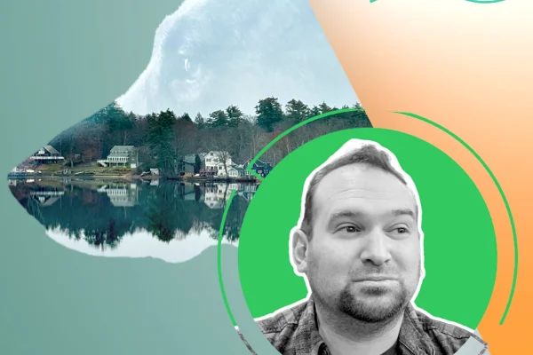 photo of Jeremy Doccola with a photo of houses on the lake