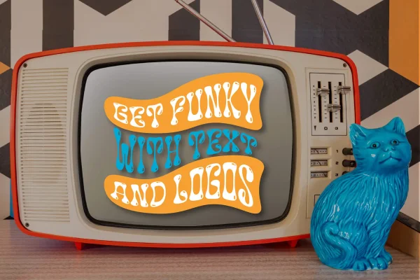 Image of a television with stylized font reading Get Funky with Text and Logos