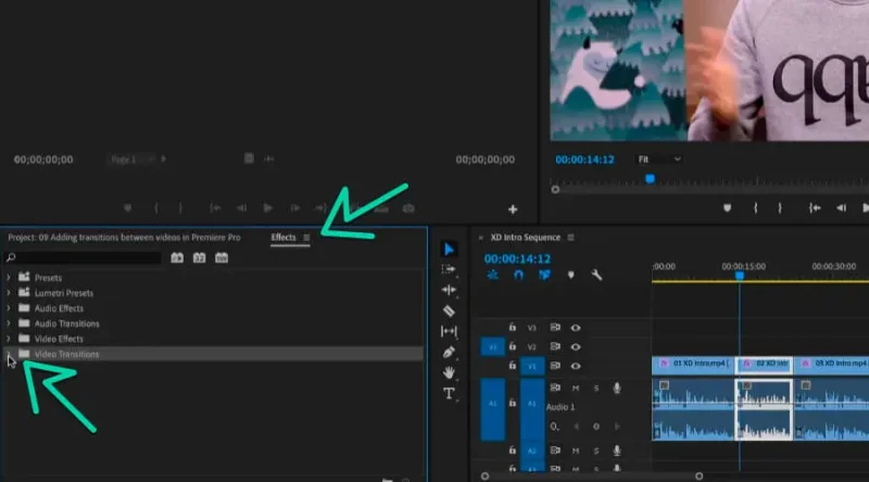 video transitions inside the effects tab in premiere pro