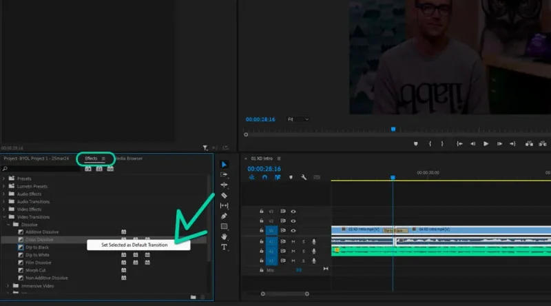 effects panel and set selected as default transition command in premiere pro