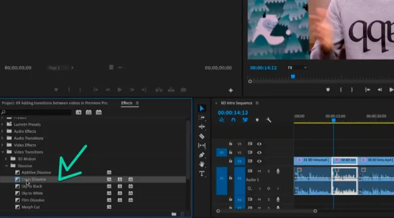 cross dissolve effect selected from dissolve bin in premiere pro