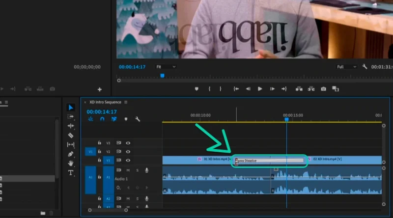 expanded transition joining two clips in premiere pro