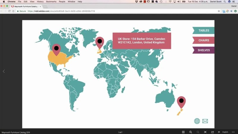 Web browser displaying a published interactive world map document with store location pins, featuring a pop-up callout for the UK store address.