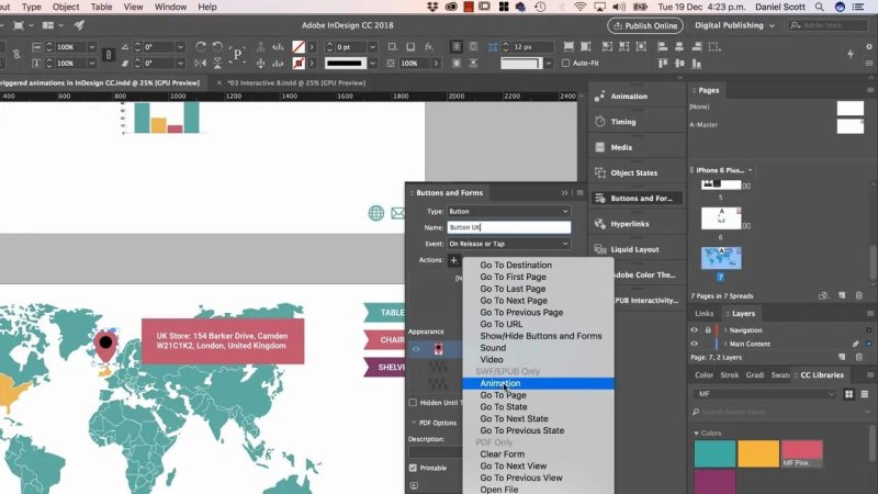 InDesign workspace with the Buttons and Forms panel open, configuring an 