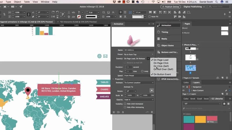 InDesign document with the Animation panel open, setting the UK address box to 