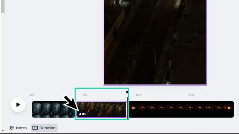 new trimmed clip highlighted on video timeline in canva