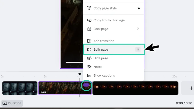 using the split page option to divide a video clip in canva