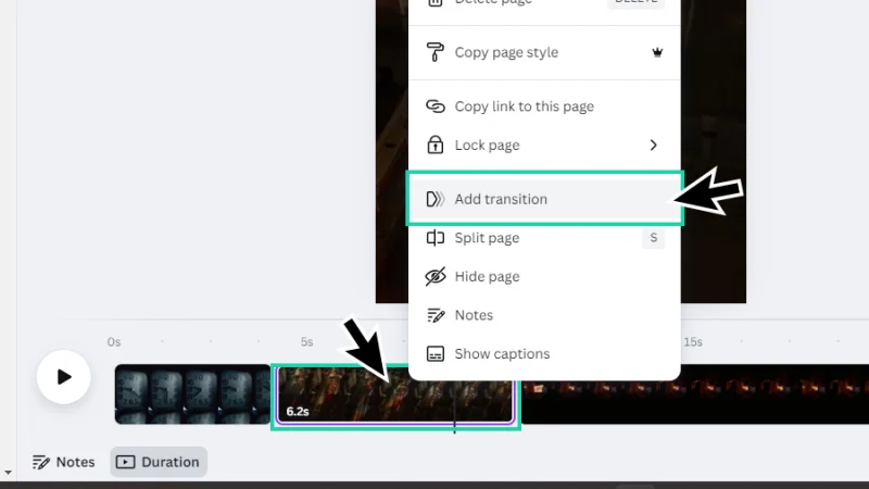 add transition option highlighted on video clip pop up menu in canva
