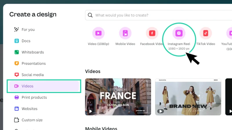 selecting Instagram reel format to create a new video design in canva