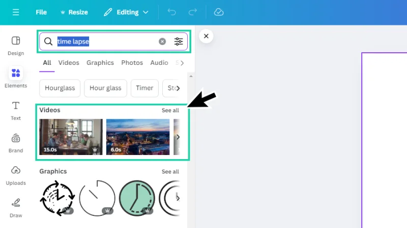 time lapse elements search with video option highlighted in canva