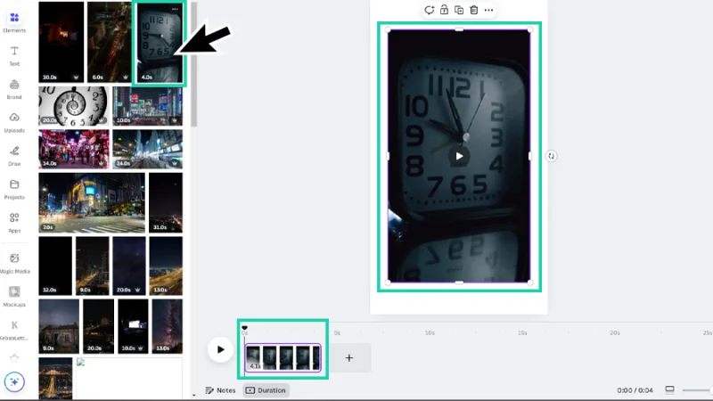 video of a clock previewed across project page and timeline in canva